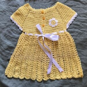 Crochet Yellow New Born Baby Dress Flower Accent | Handmade | White Ribbon